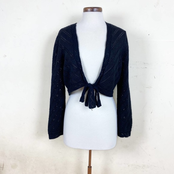 1881 Rogers Sweaters - Y2K 2000s RQT Front Tie Knit Patterned Striped Open Front Cardigan Size L